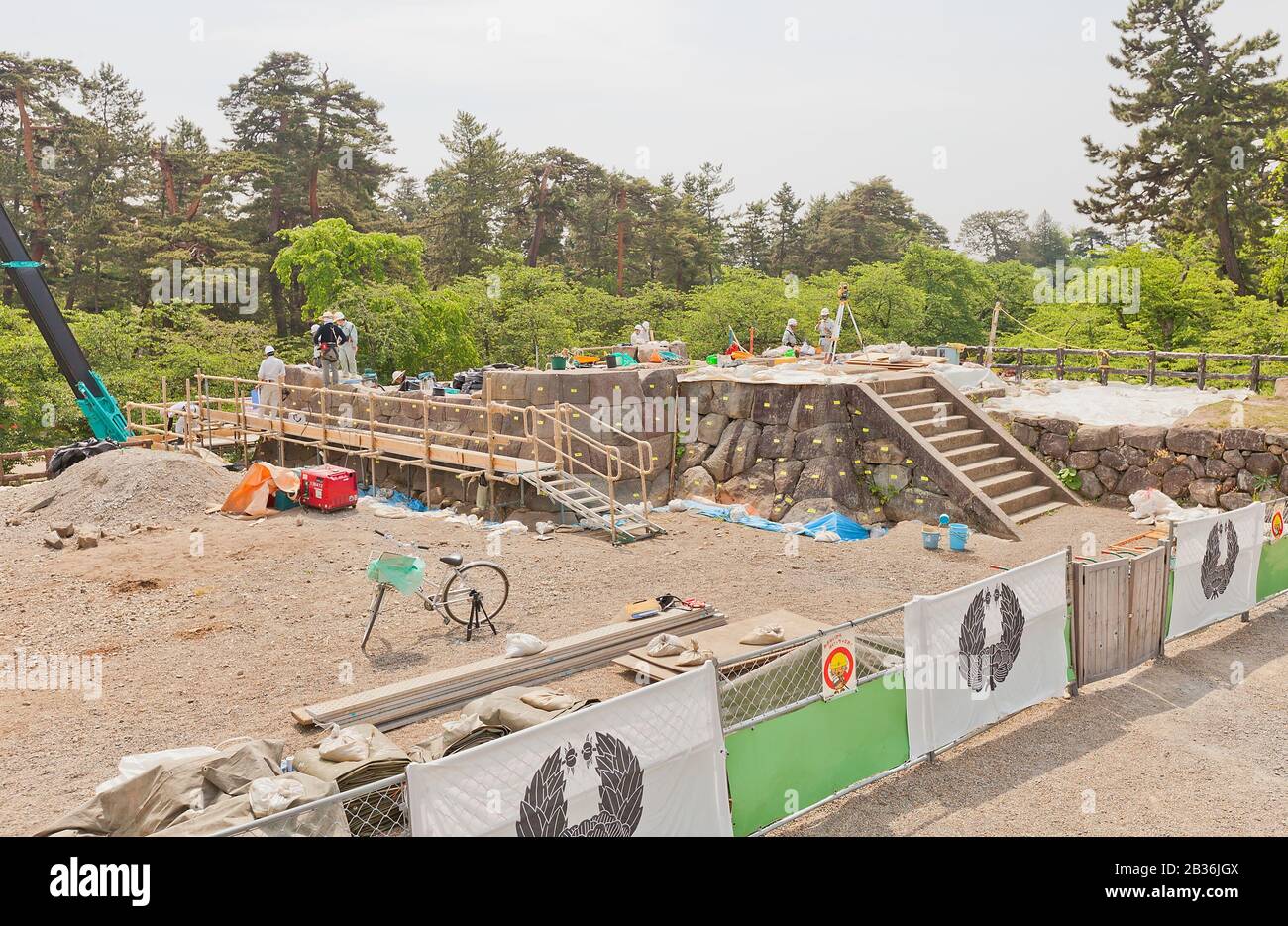 HIROSAKI, JAPAN - MAY 23, 2017: Reconstruction works of foundation of main keep and stone walls of Hirosaki Castle, Hirosaki, Japan Stock Photo