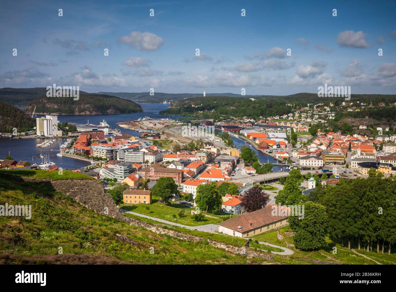 Norway, Ostfold County, Halden, high angle town view from Fredriksten Fortress Stock Photo