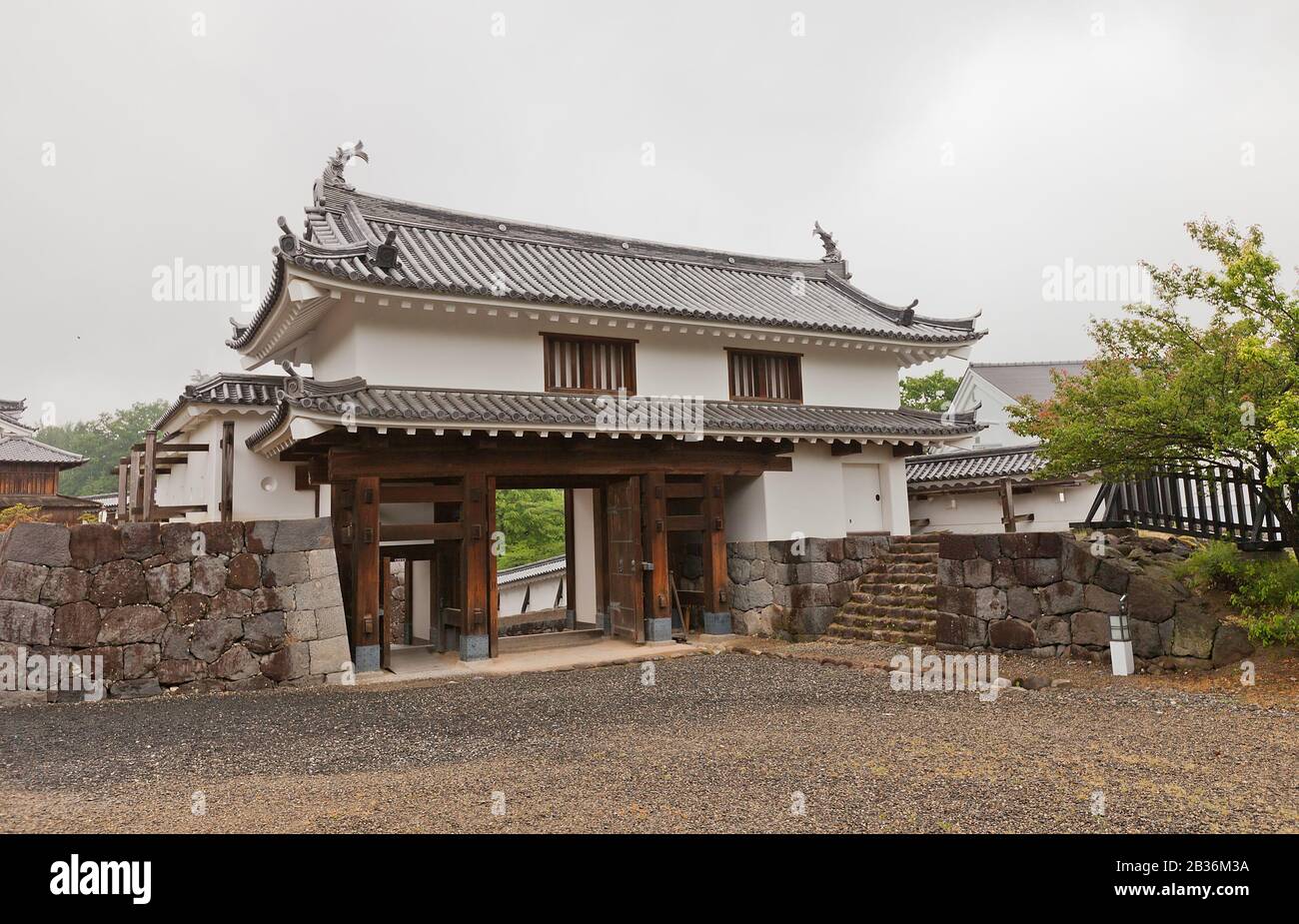 Reconstructed Main Gate of Shiroishi Castle, Japan. Castle was founded in 1591 by Gamo Ujisato and dismantled in 1875 Stock Photo