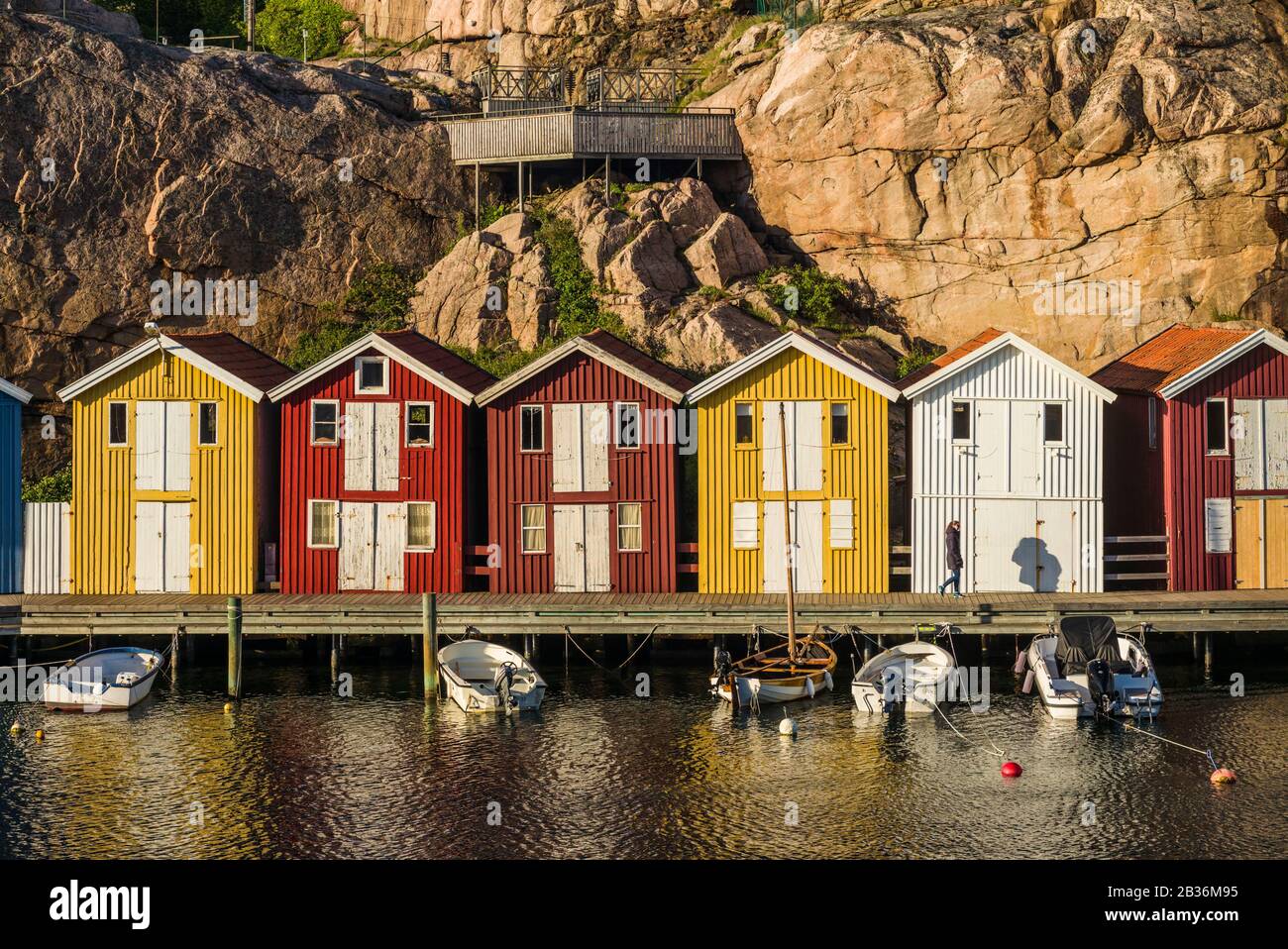 Sweden, Bohuslan, Smogen, Smogenbryggan, antique boat houses and fishing shacks Stock Photo