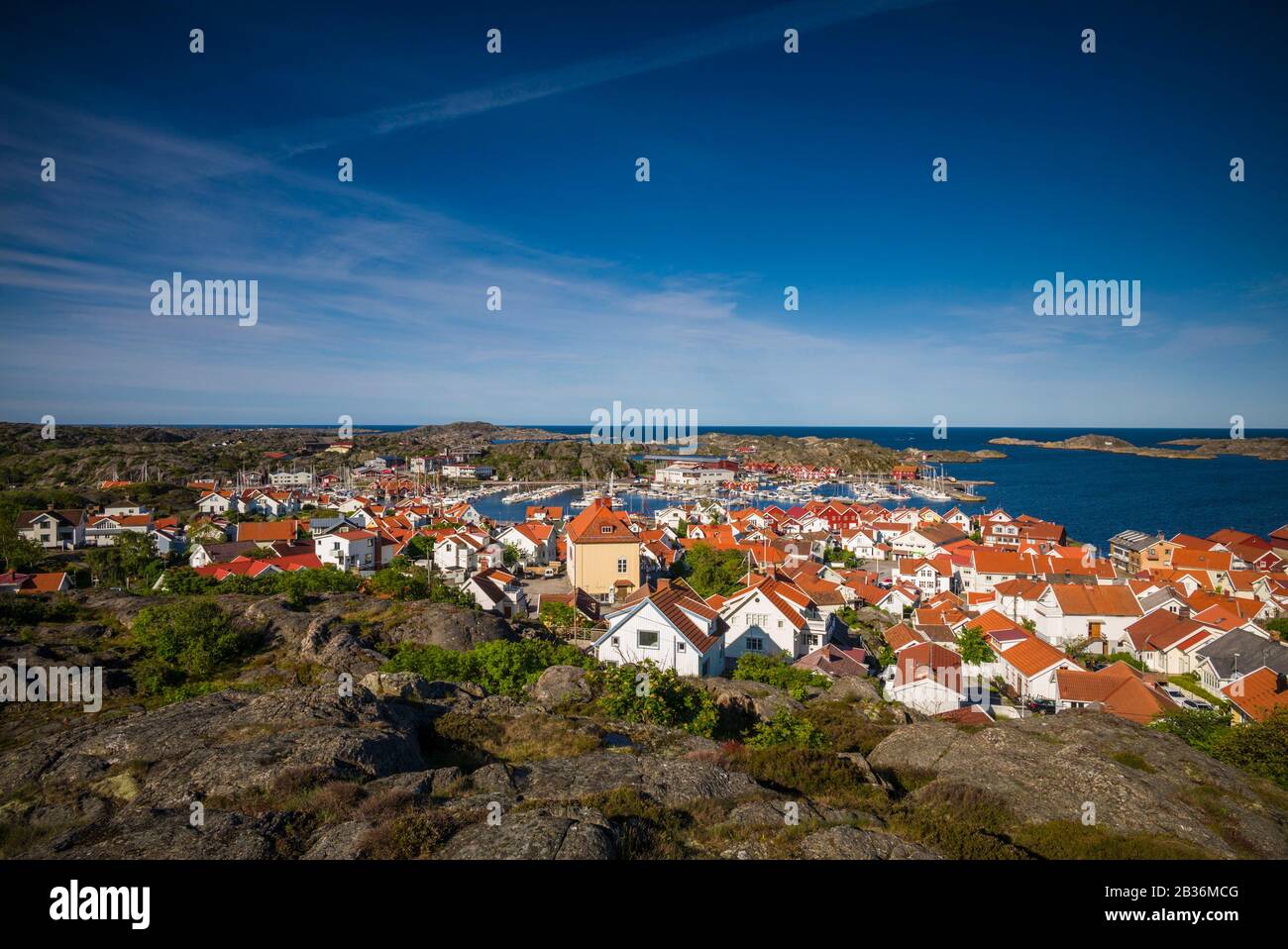 Sweden, Bohuslan, Tjorn Island, Skarhamn, high angle town view, dawn Stock Photo