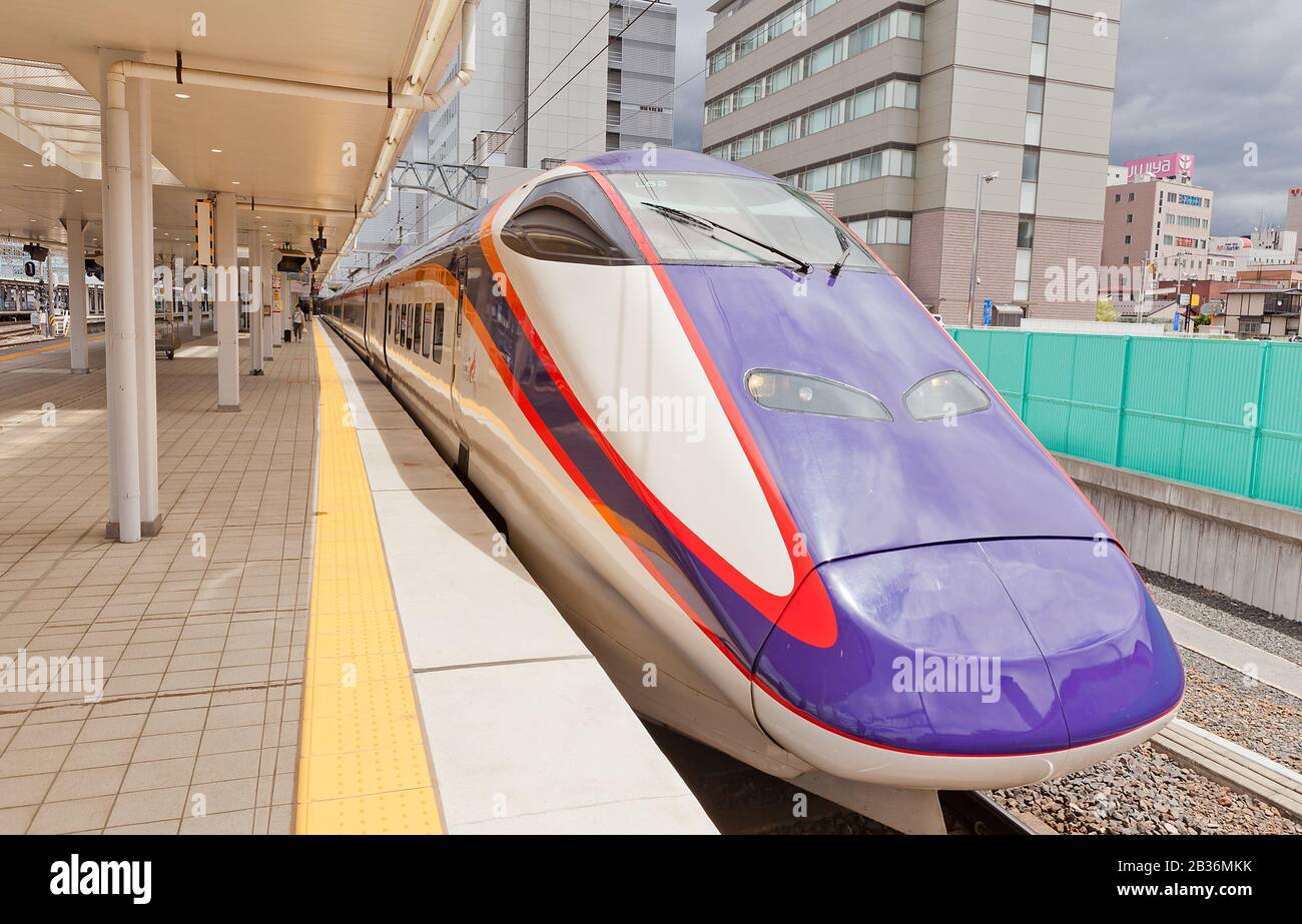 E3-2000 type high-speed train on Yamagata station, Japan. Services as Tsubasa Shinkansen operated on Yamagata Shinkansen line by East Japan Railway Co Stock Photo