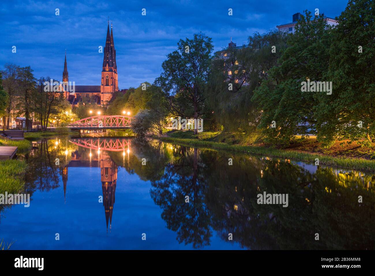 Sweden, Central Sweden, Uppsala, Domkyrka Cathedral, reflection, dusk Stock Photo