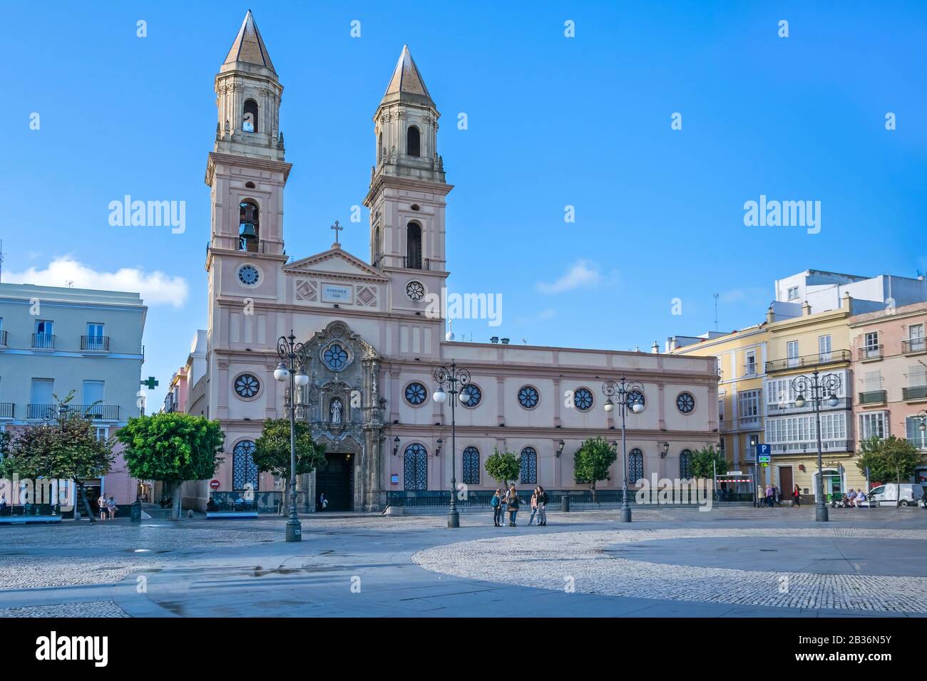 Cadiz, Spain -  November 6, 2019: Square Plaza de San Antonio with the church Iglesia de San Antonio with its two belltowers Stock Photo
