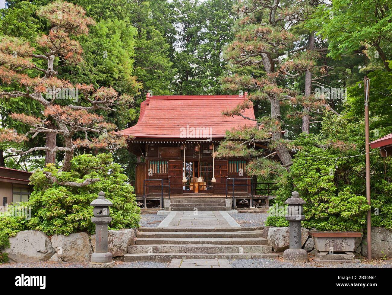 Tsukioka Shinto Shrine in Kaminoyama, Yamagata Prefecture, Japan. Located on the grounds of Kaminoyama Castle Stock Photo