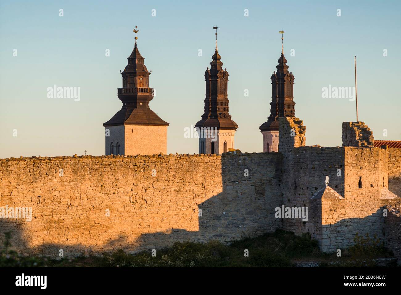 Sweden, Gotland Island, Visby, 12th century city wall, most complete midieval city wall in Europe, dawn Stock Photo