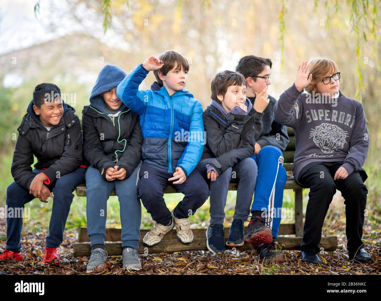 A Year 7 bushcraft lesson at a secondary school, UK. Stock Photo