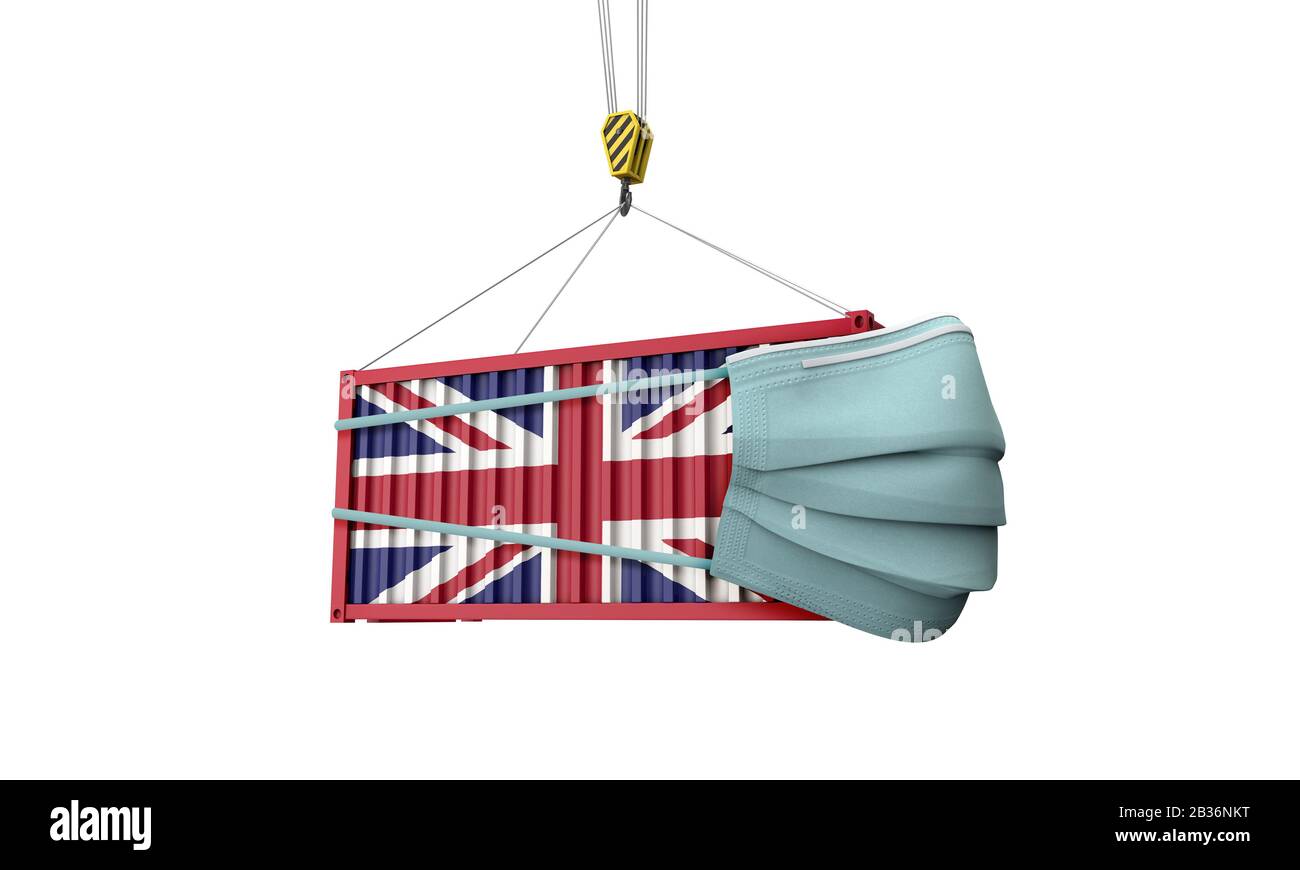 United Kingdom flag cargo shipping container with protective mask. 3D Render Stock Photo
