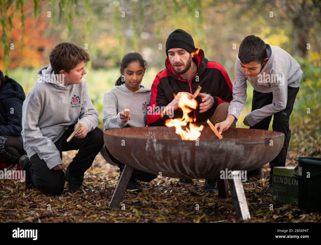 A Year 7 bushcraft lesson at a secondary school, UK. Stock Photo
