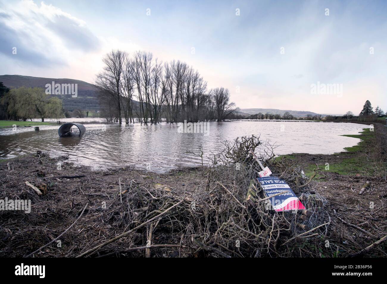 Floodwaters from the River Usk around Llanwenarth near Abergavenny, UK during flooding in Feb 2020 Stock Photo