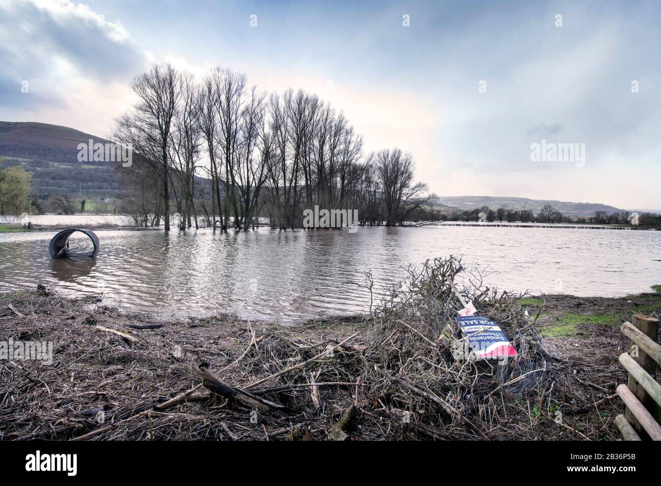 Floodwaters from the River Usk around Llanwenarth near Abergavenny, UK during flooding in Feb 2020 Stock Photo