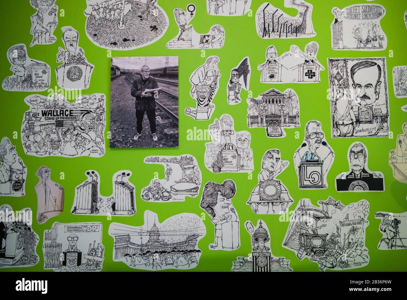 Sweden, Southeast Sweden, Norrkoping, early Swedish industrial town, Arbetets Museum, Museum of Work in former early 20th century mill building, exhibit honring Ewert Karlsson, Sweden's best known political cartoonist of the late 20th century, political cartoons Stock Photo