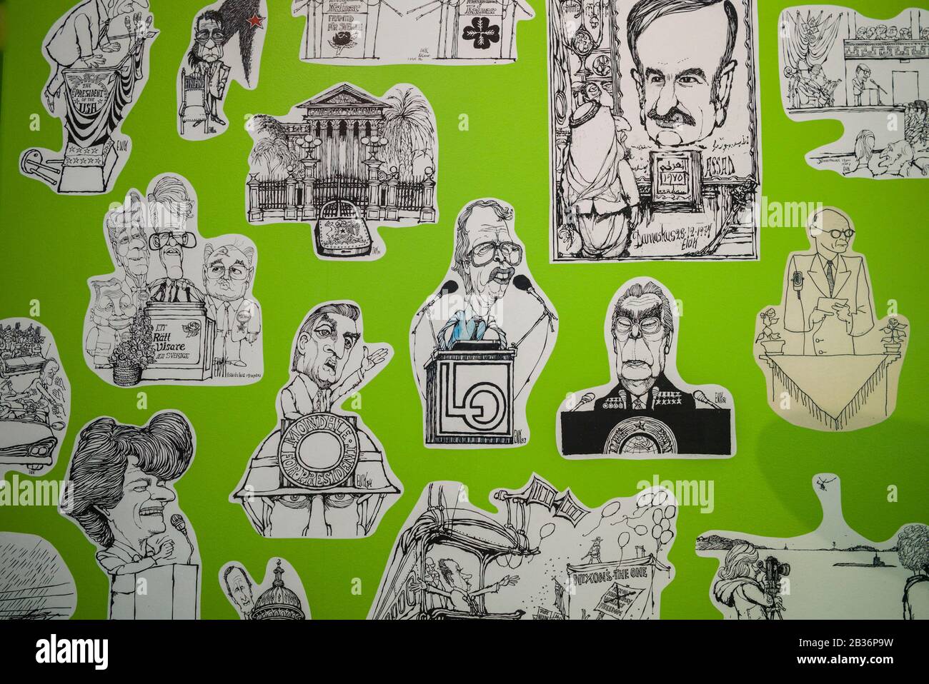 Sweden, Southeast Sweden, Norrkoping, early Swedish industrial town, Arbetets Museum, Museum of Work in former early 20th century mill building, exhibit honring Ewert Karlsson, Sweden's best known political cartoonist of the late 20th century, political cartoons Stock Photo