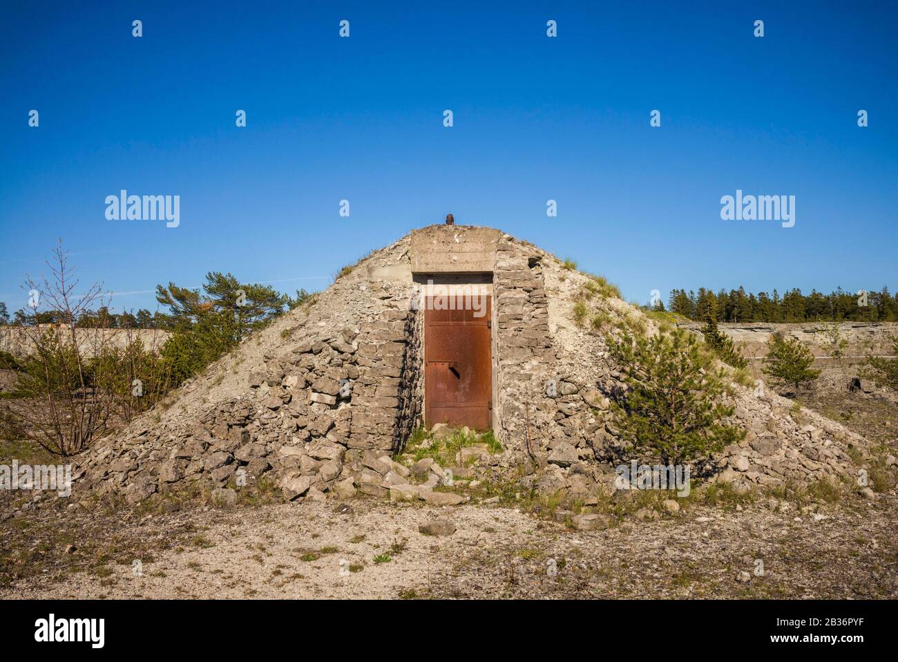 Sweden, Gotland Island, Bungenas, former chalk mine and military base, now an exclusive vacation development and nature preserve, former military bunker Stock Photo