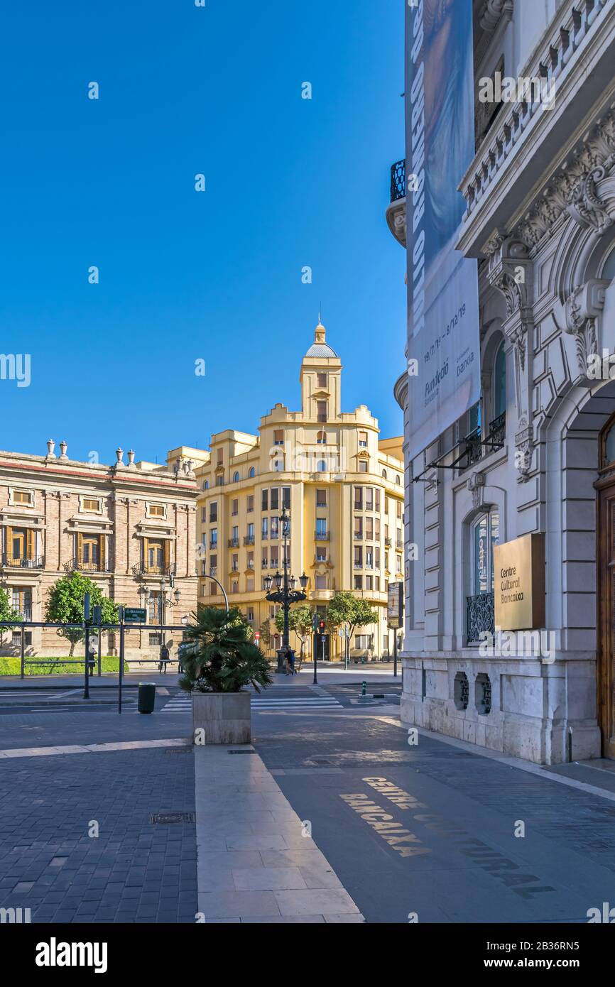Valencia, Spain - November 3, 2019: Plaza Tetuan with the buildings of Captaincy General, residential building at the corner to General Palanca Street Stock Photo
