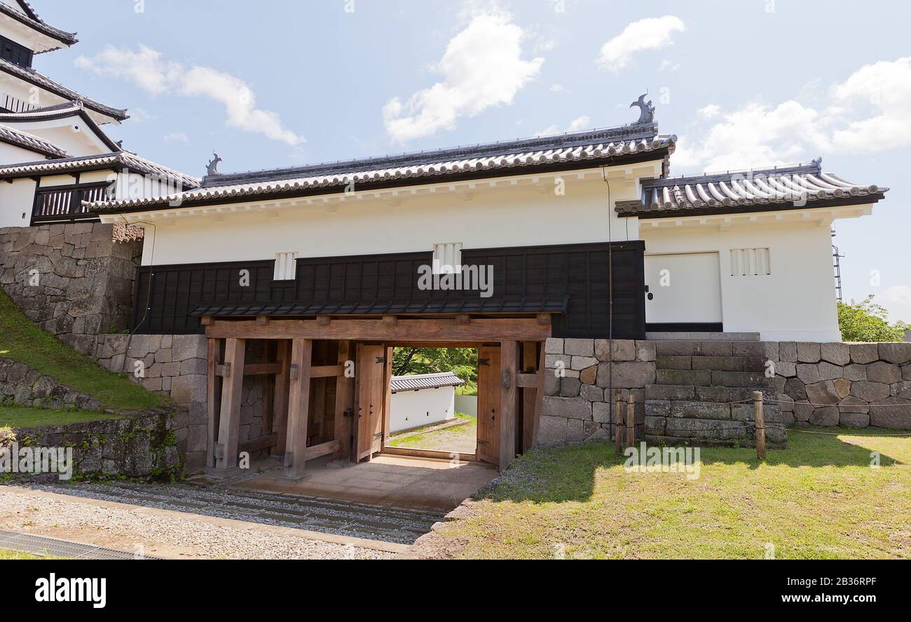 Reconstructed Main Gate of Shirakawa (Komine) Castle, Japan. Castle was founded in 1340 Stock Photo
