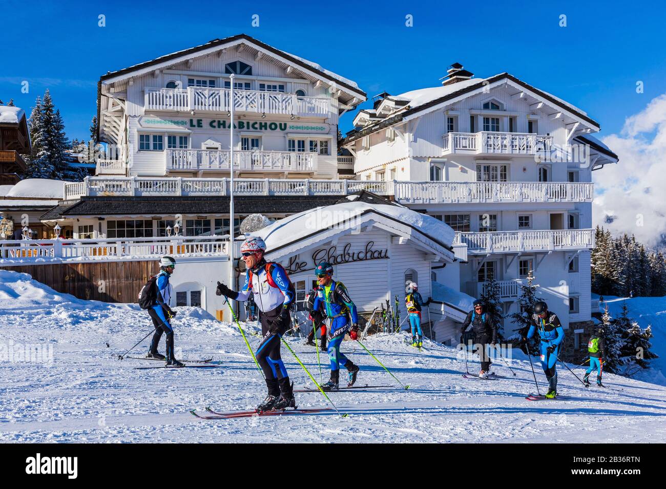 France, Savoie, Courchevel 1850, ski mountaineering race in front of Le Chabichou, five-star hotel and two-star restaurant, Vanoise massif, Tarentaise valley Stock Photo