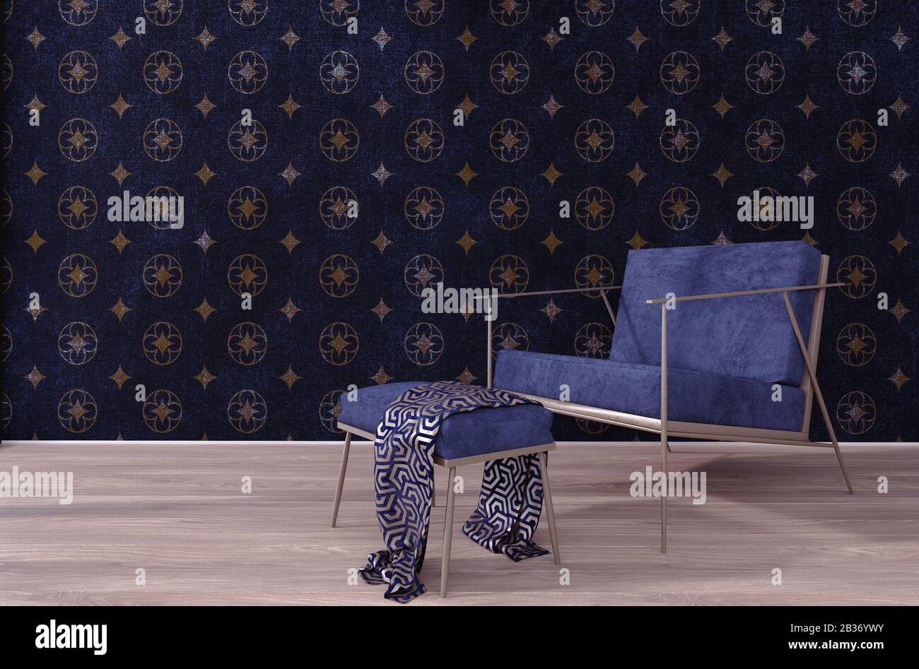 3d Render Of A Chair With Leg Rest In Front Of The Vintage Wallpaper A Unique Idea Of Using Retro Style Wallpaper In A Contemporary Designed Room Stock Photo Alamy