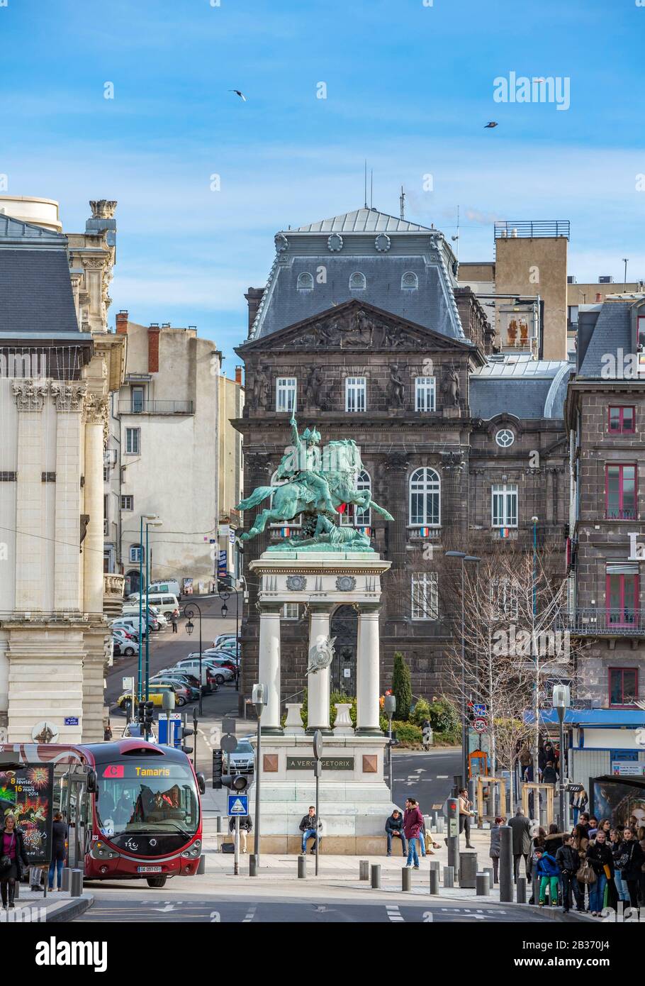 France, Puy de Dome, Clermont Ferrand, the place of Jaude and the statue of Vercingetorix of Auguste Bartholdi Stock Photo