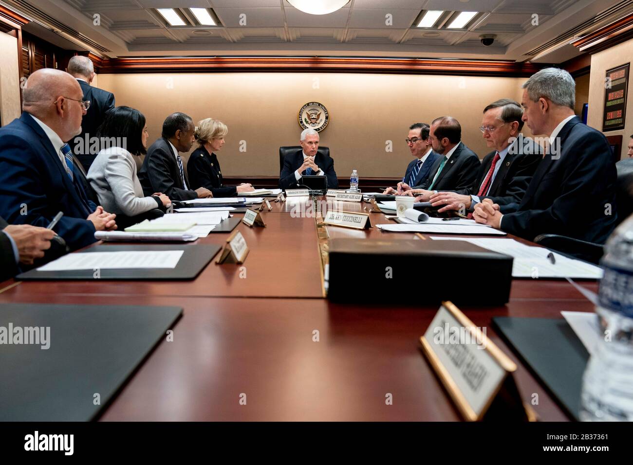 U.S Vice President Mike Pence chairs a Coronavirus Task Force video teleconference call with Governors at the Situation Room of the White House March 2, 2020 in Washington, DC. Stock Photo