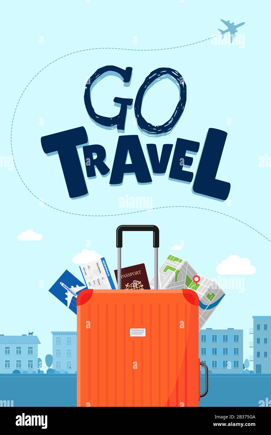 Go travel advertising vacation travelling design concept. Suitcase luggage with map flight ticket boarding pass and passport. Different touristic elements and airplane path vector illustration poster Stock Vector