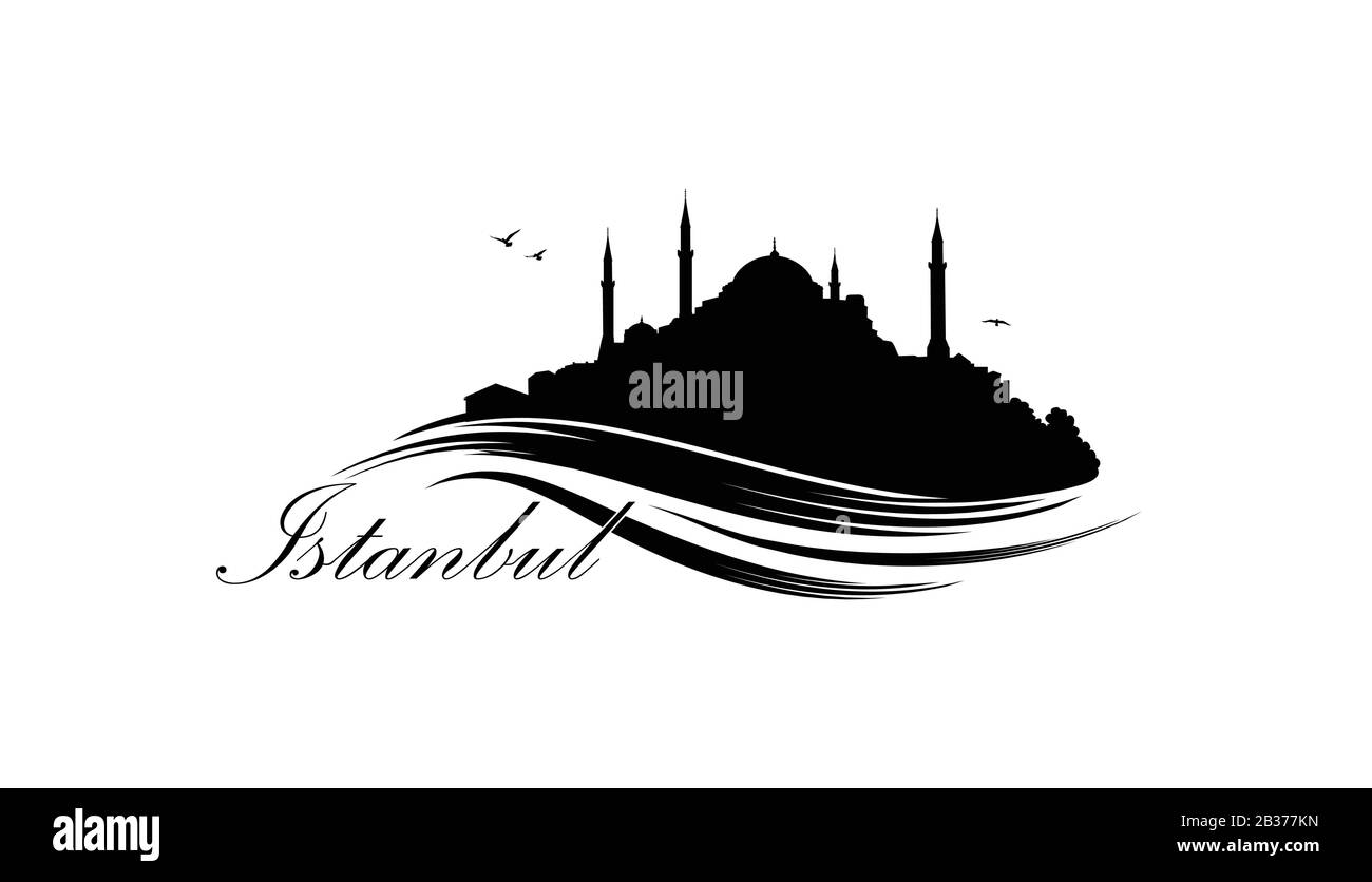 Istanbul city skyline with famous turkish travel landmark. Tourist icon of Istanbul city. Cityscape silhouette. Architectural sign with Hgia Sophia an Stock Vector