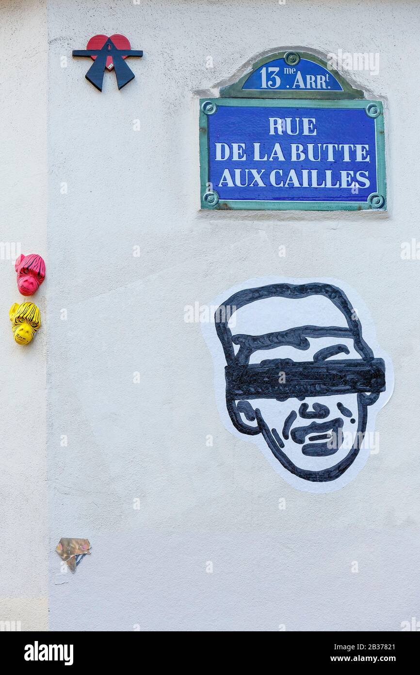France, Paris, street art, symbol by the group named A2 Louise Michel (Anarchie et Amour Anarchy and Love), street plate and collage on a facade of the rue de la Butte aux Cailles in the Butte aux Cailles district Stock Photo