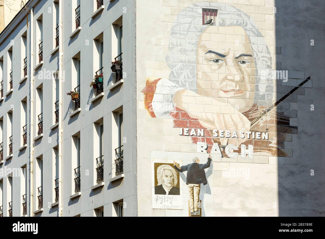 France, Paris, mural representing Jean Sebastien Bach on the facade of an  apartment building in Rue Jean Sebastien Bach by artist Fabio Rieti Stock  Photo - Alamy