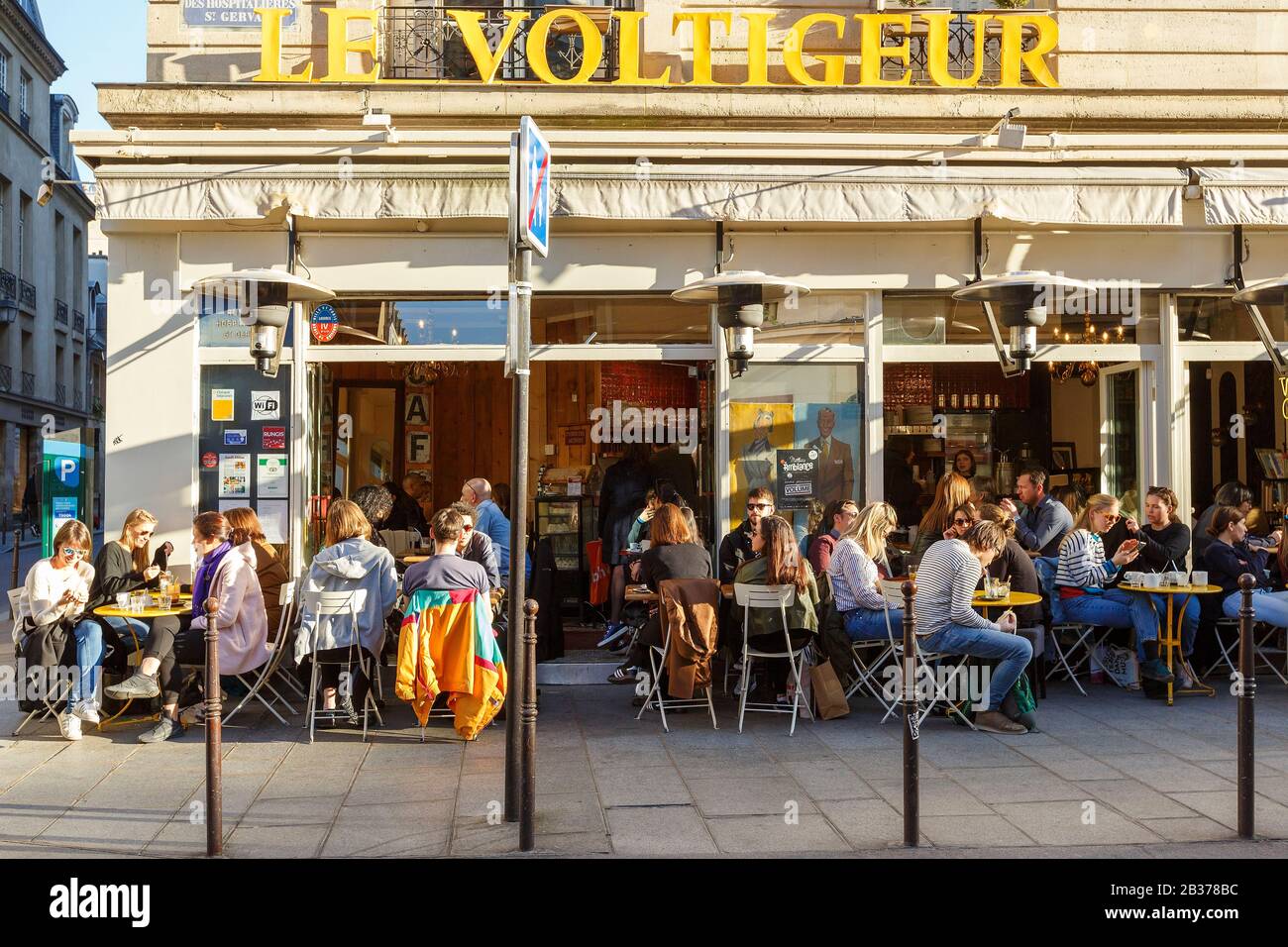 France, Paris, terrace of the cafe Le Voltigeur in Rue des Hospitalieres  Saint Gervais Stock Photo - Alamy