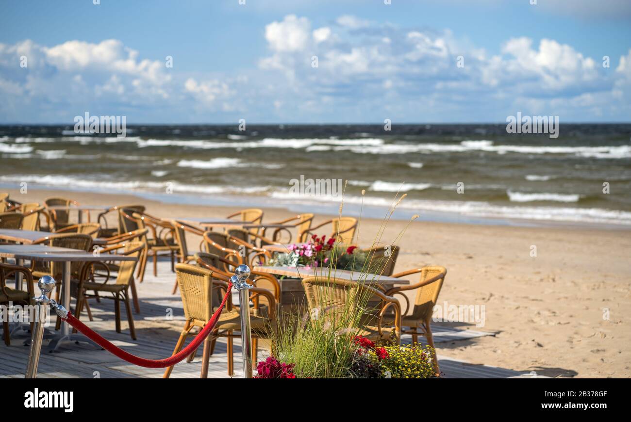 Summer cafe on the beach of Jurmala in autumn Stock Photo