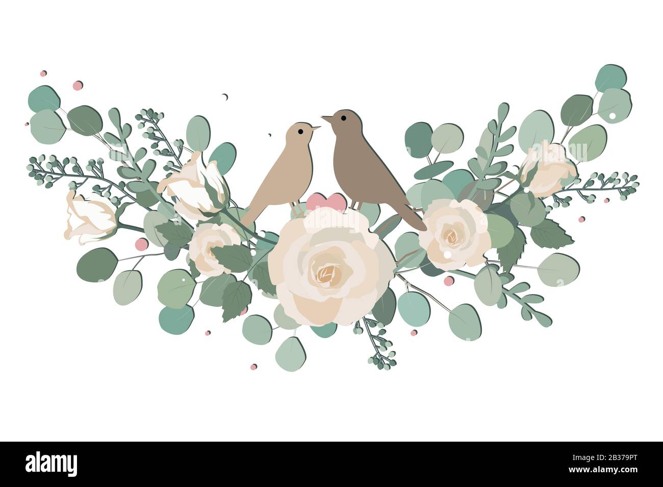 Floral vector round frame element with white rose, eucalyptus, mixed plants and cute small robin bird. Half moon shape bouquet Stock Vector