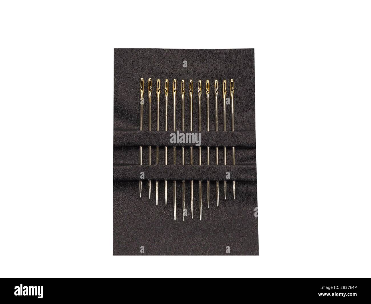 Set of steel sewing needles with golden needle's eyes isolated on white background Stock Photo