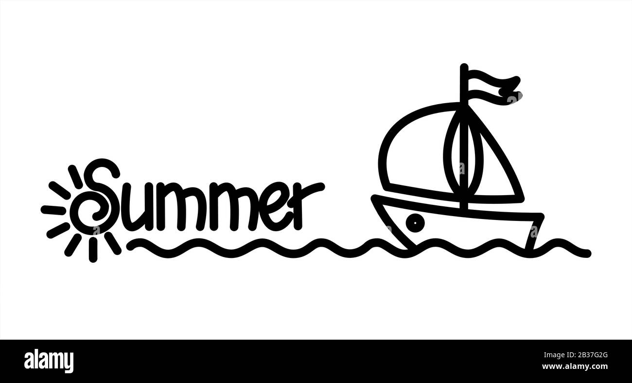 Summer. Handwritten Word Lettering. The letter S in the form of the sun with rays. Stylized sun, sea and boat with a sail. Summer holiday, vacation. V Stock Vector