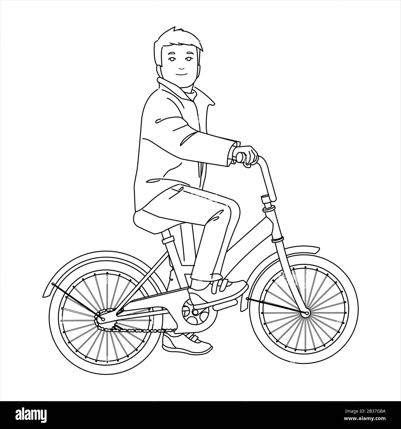 A boy in casual clothes is sitting on a bicycle and smiling. Outline. Stock Vector