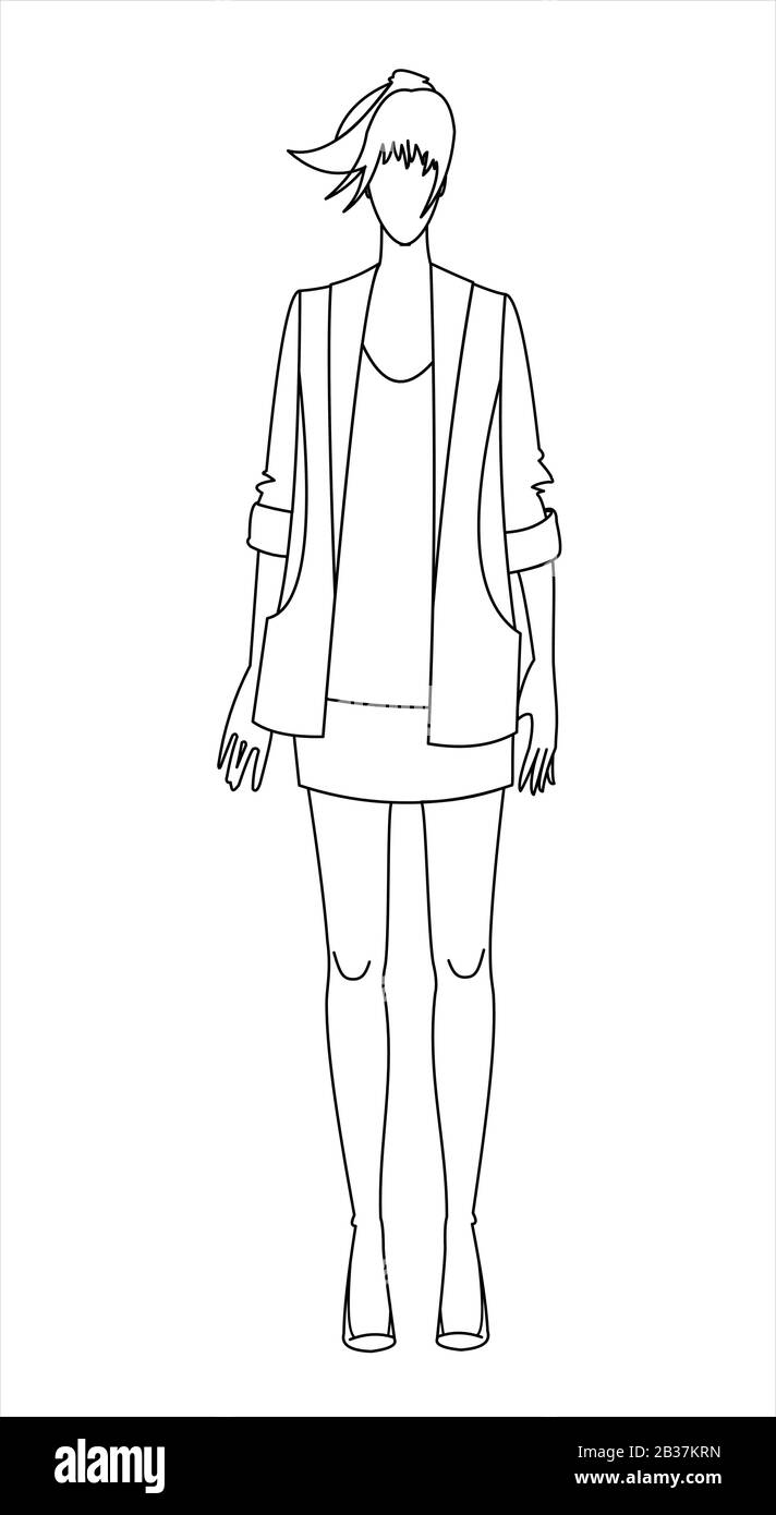The outline of a standing girl dressed in a jacket and short skirt. Vector image isolated on white background. Stock Vector