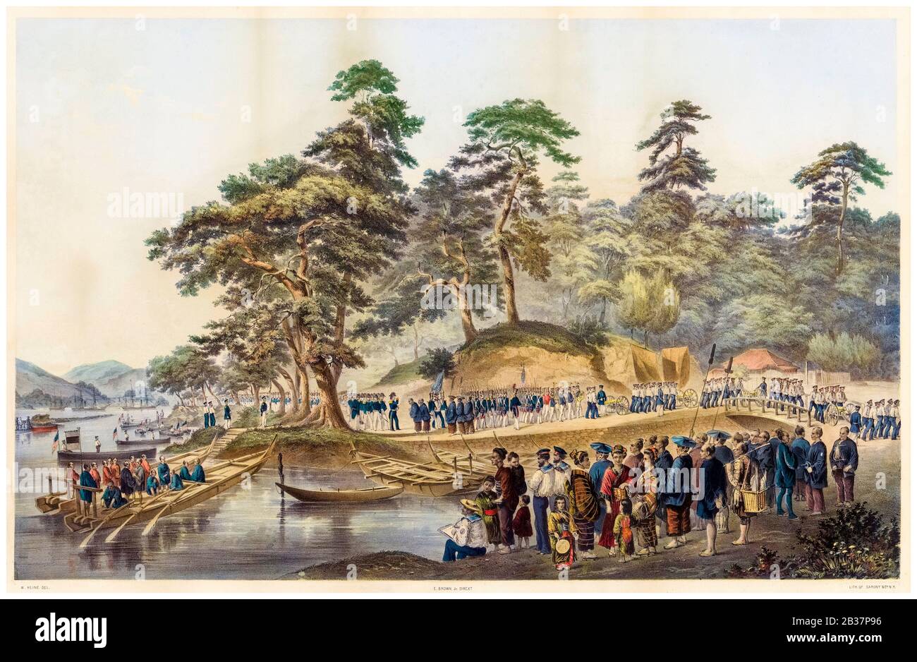 Landing of Commodore Perry, Officers and Men of the Squadron, to meet the Japanese Imperial Commissioners, at Simoda, Japan, June 8 1854, print 1855 Stock Photo
