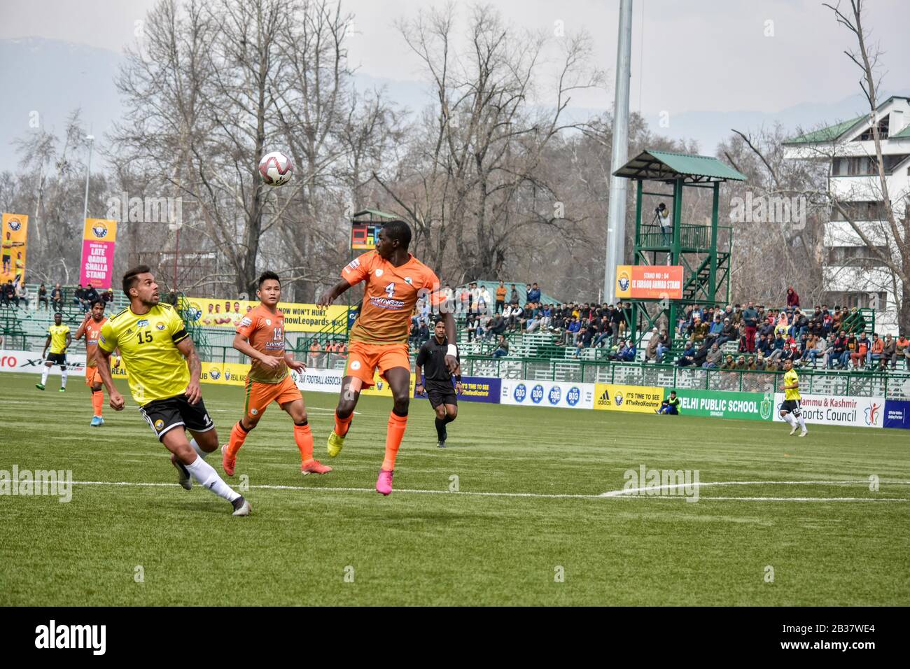Robin Singh (L) of Real Kashmir and Ousmane Diawara (R) of Neroca are seen in action during a football match between Real Kashmir Football Club (FC) and NEROCA at TRC Srinagar.(Final score; Real Kashmir Football FC 1:0 NEROCA) Stock Photo