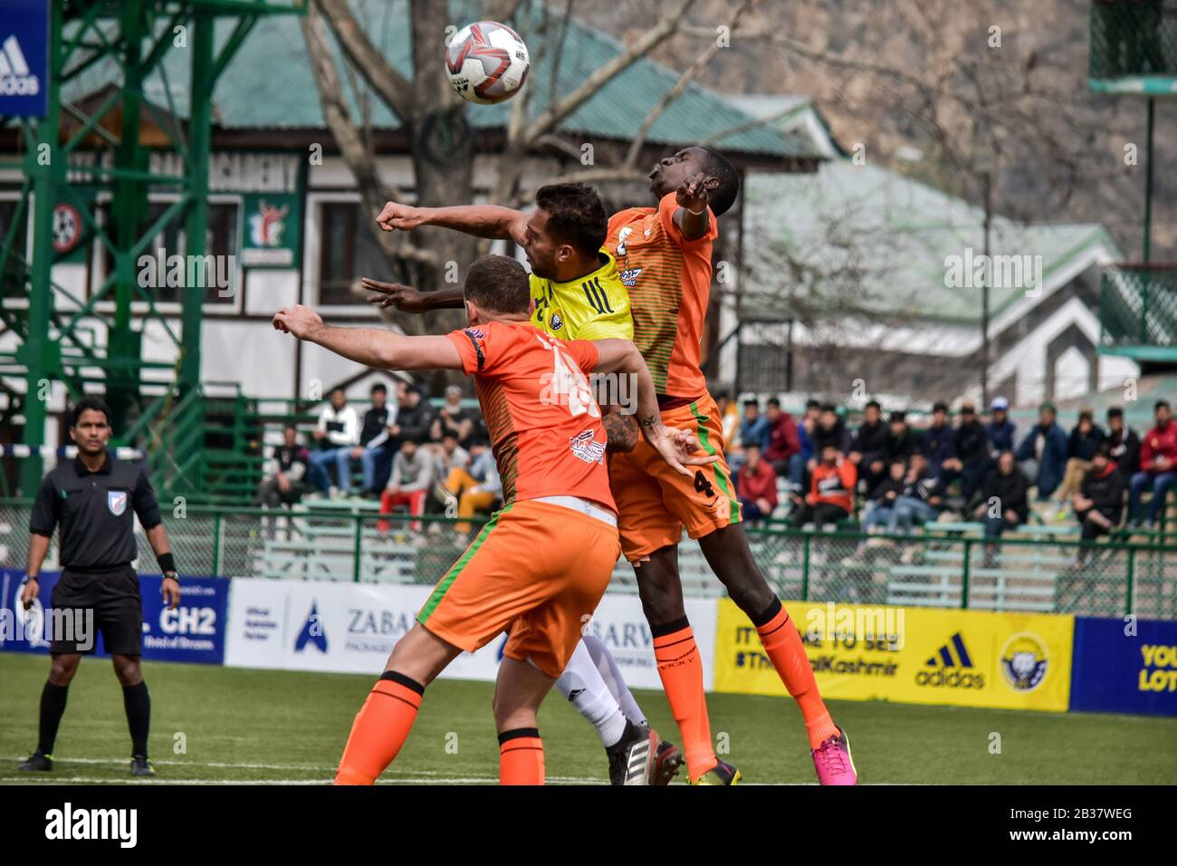 Robin Singh (C) of Real Kashmir seen in action during a football match between Real Kashmir Football Club (FC) and NEROCA at TRC Srinagar.(Final score; Real Kashmir Football FC 1:0 NEROCA) Stock Photo