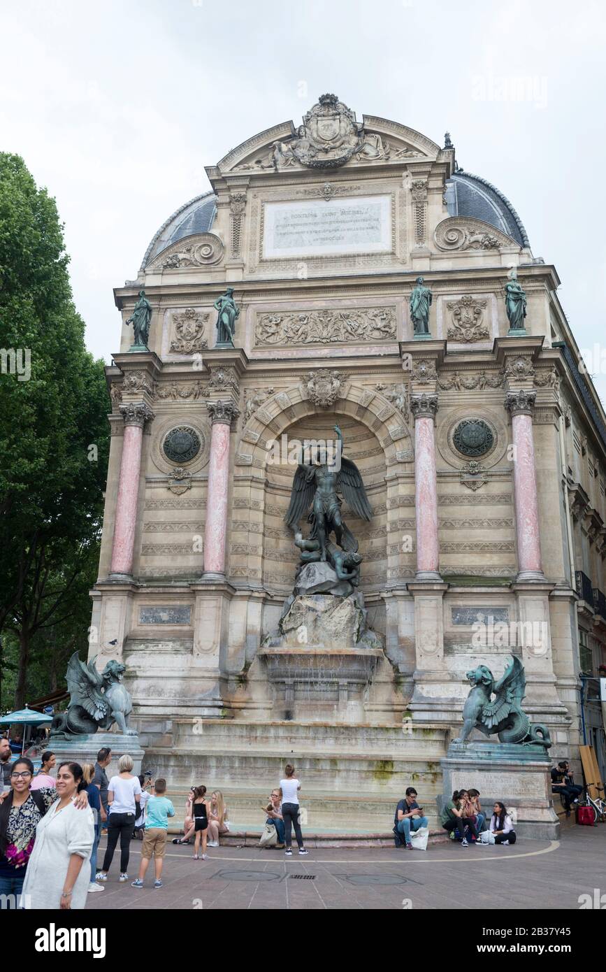 St Michaels Fountain in the Latin Quarter, Paris, France Stock Photo