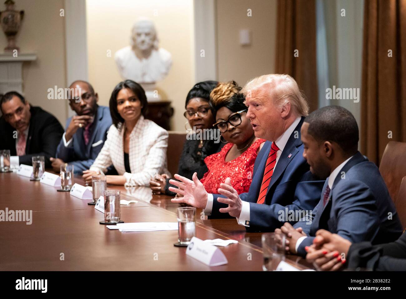 U.S President Donald Trump during a Black History Month event with African American Leaders and Pastor Paula White in the Cabinet Room of the White House February 27, 2020 in Washington, DC. Stock Photo