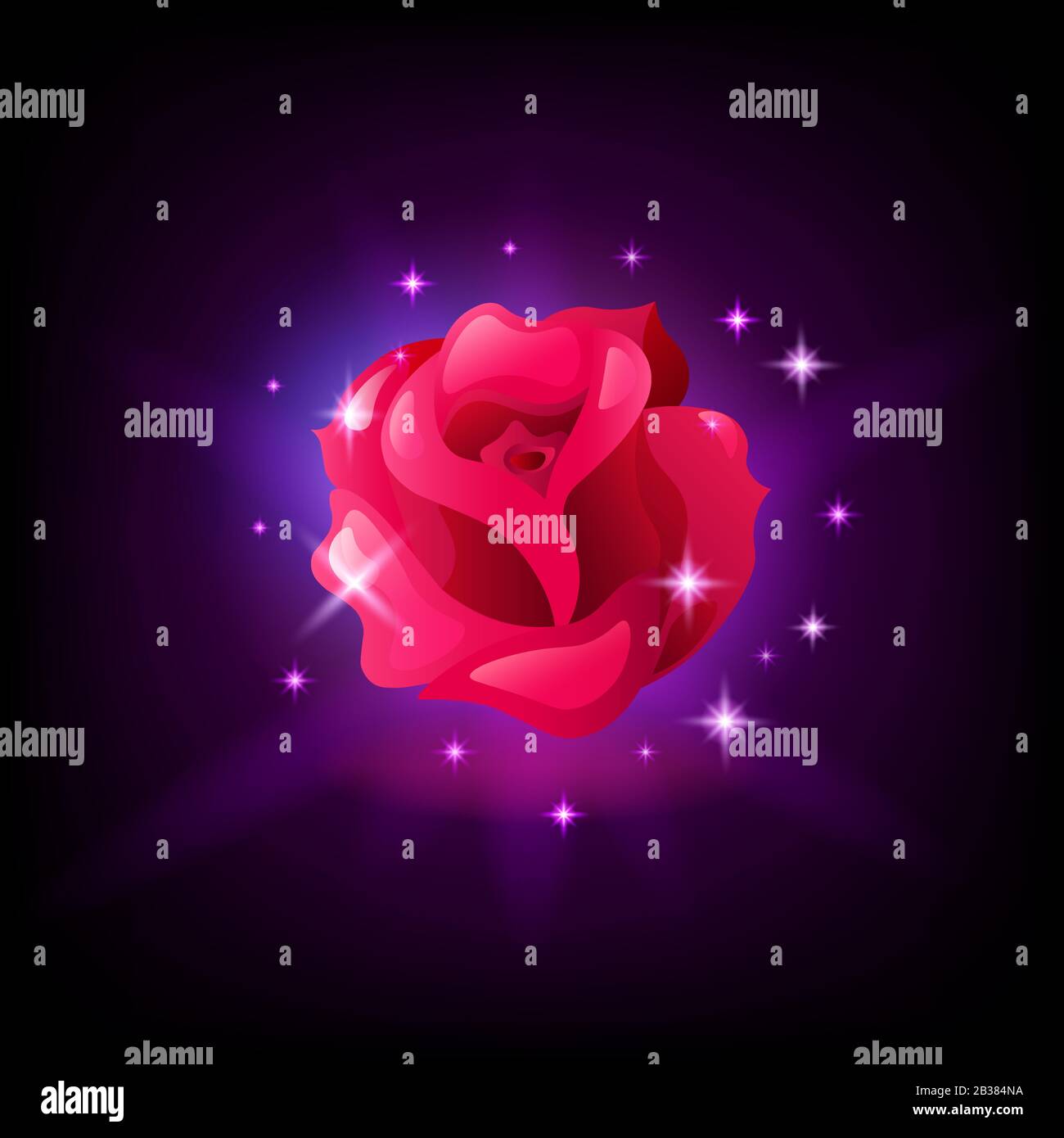 Red rose flower slot machine icon with sparkles on dark background, gambling game design, vector illustration. Stock Vector