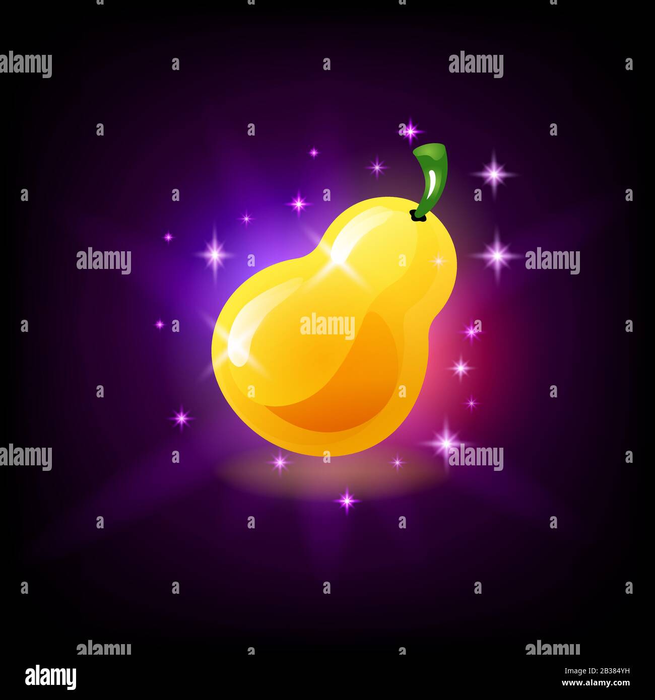 Glossy yellow ripe pear, fruit icon for slot machine, gambling game design element, vector illustration. Stock Vector