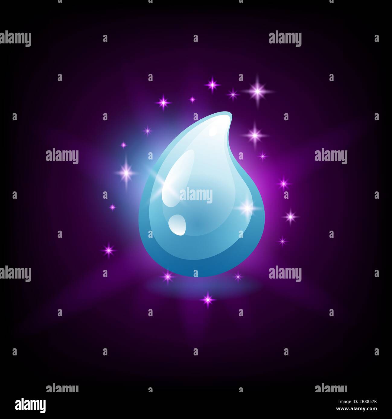 Shiny blue water drop icon for slot machine, game design element, vector illustration on dark background with sparkles. Stock Vector
