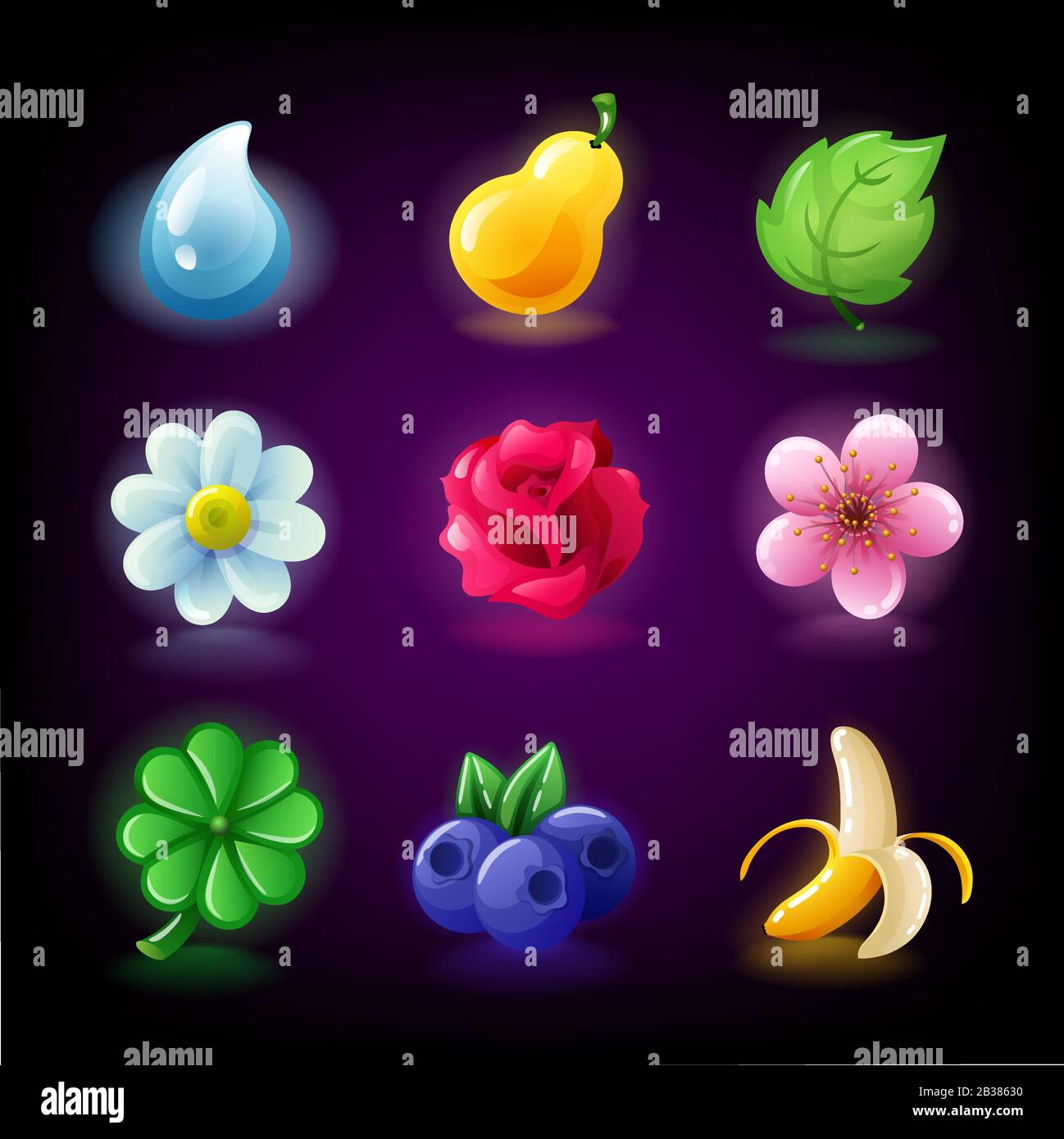 Colorful fruit and flowers slots icon set for casino slot machine, gambling games, icons for mobile arcade and puzzle games vector Stock Vector