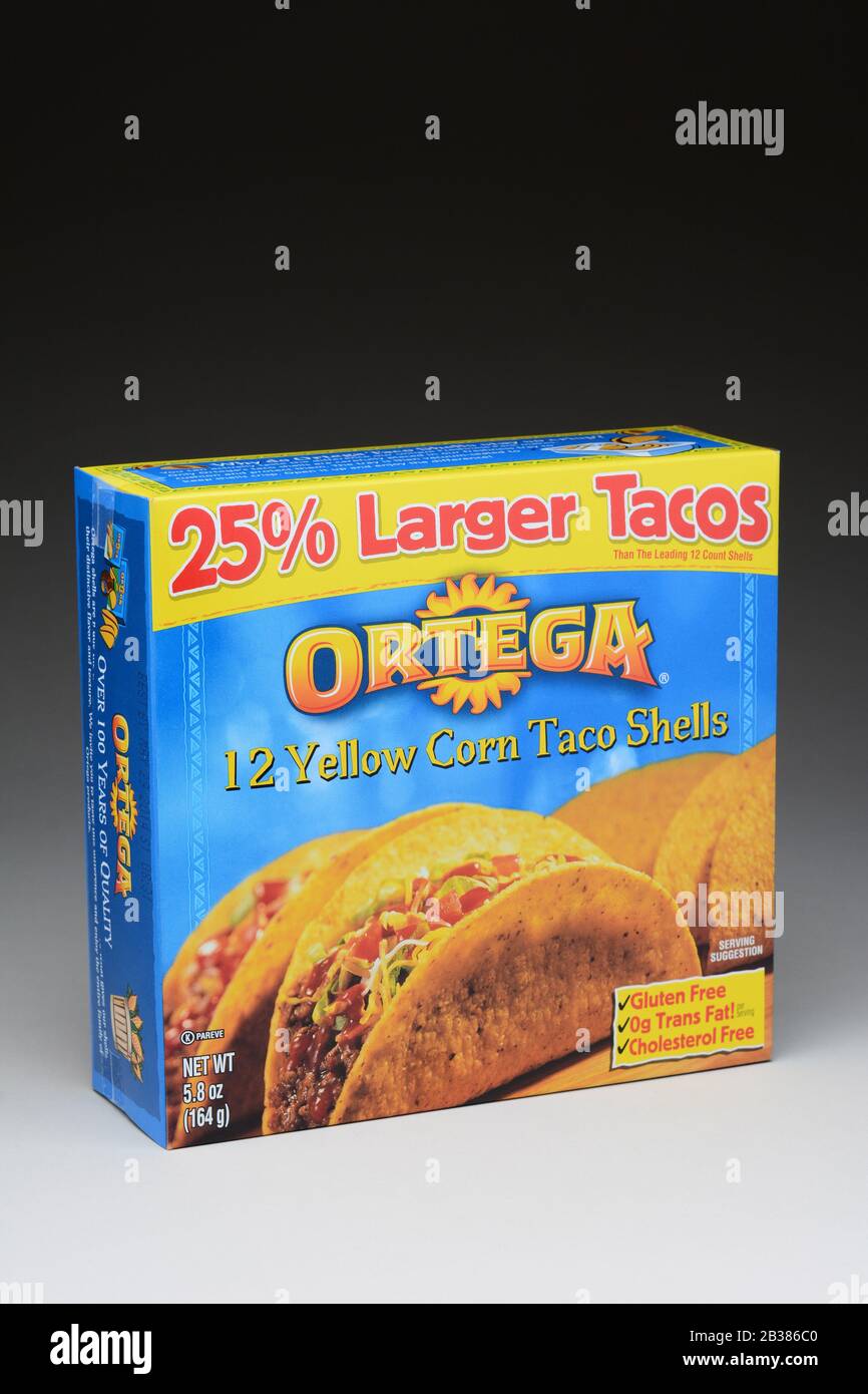 IRVINE, CA - January 21, 2013: A 12 count box of Ortega Taco Yellow Corn Shells. The Shells are made with 100% whole kernel corn. Stock Photo