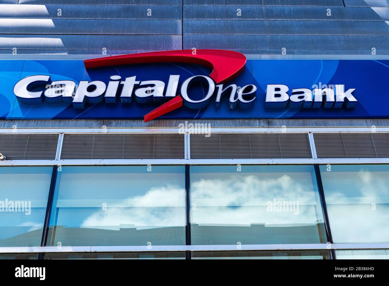 New York City, USA - August 4, 2018: Facade of a branch office of Capital One Bank in Harlem, Manhattan, New York City, USA Stock Photo