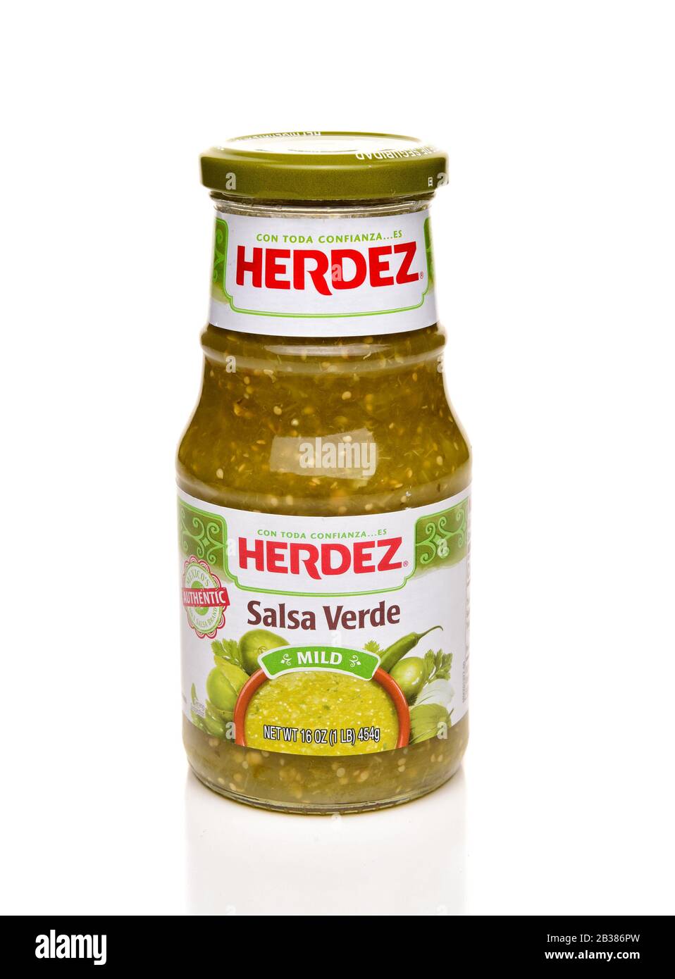 IRVINE, CALFORNIA - FEBRUARY 17, 2019:  A 16 ounce jar of Herdez Salsa Verde. herdez in one of the top slasa brands oin Mexico. Stock Photo