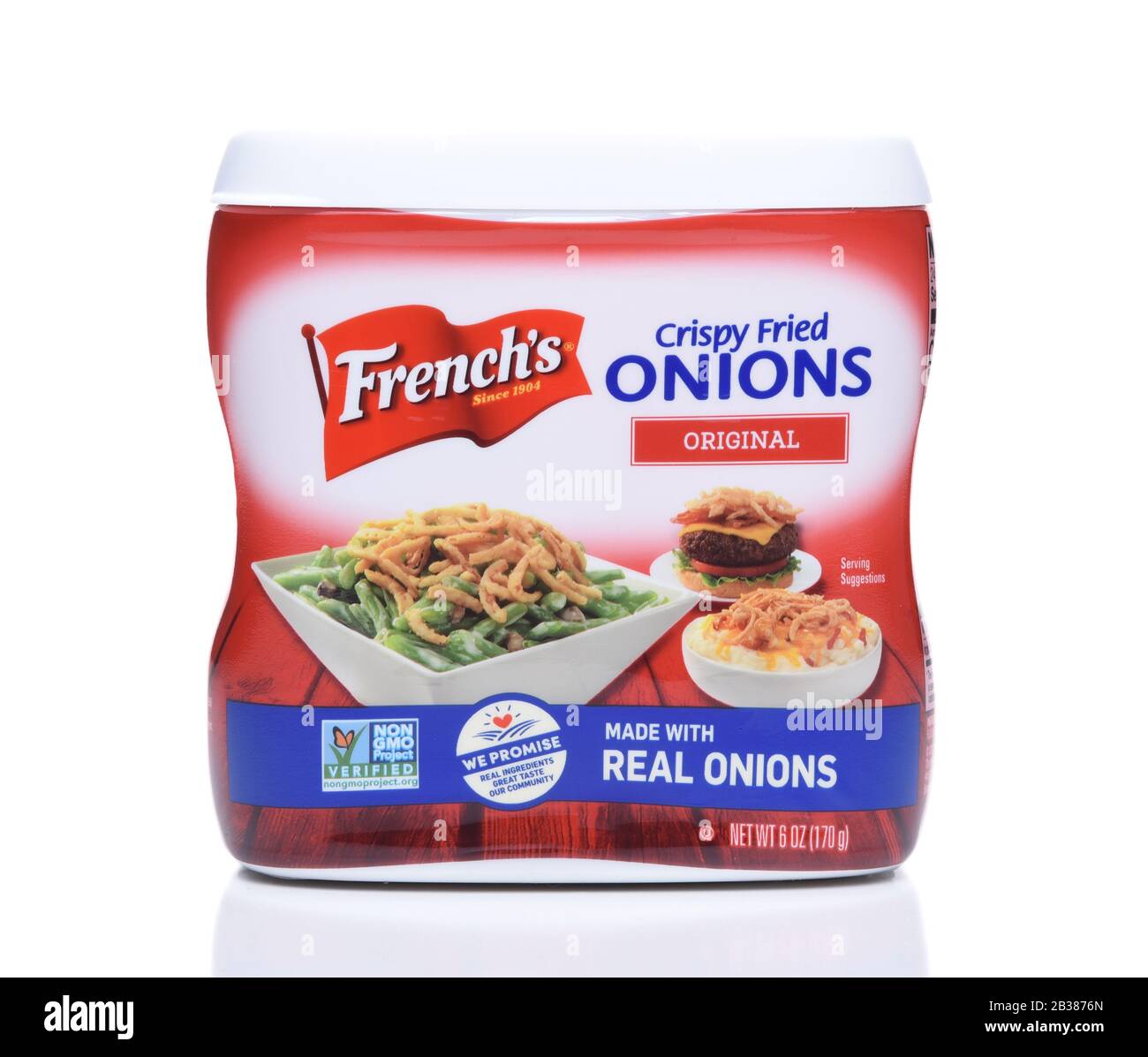 IRVINE, CALIFORNIA - DEC 4, 2018: Frenchs Crispy Fried Onions. The topping is popular in casseroles, salads, burgers and soups. Stock Photo