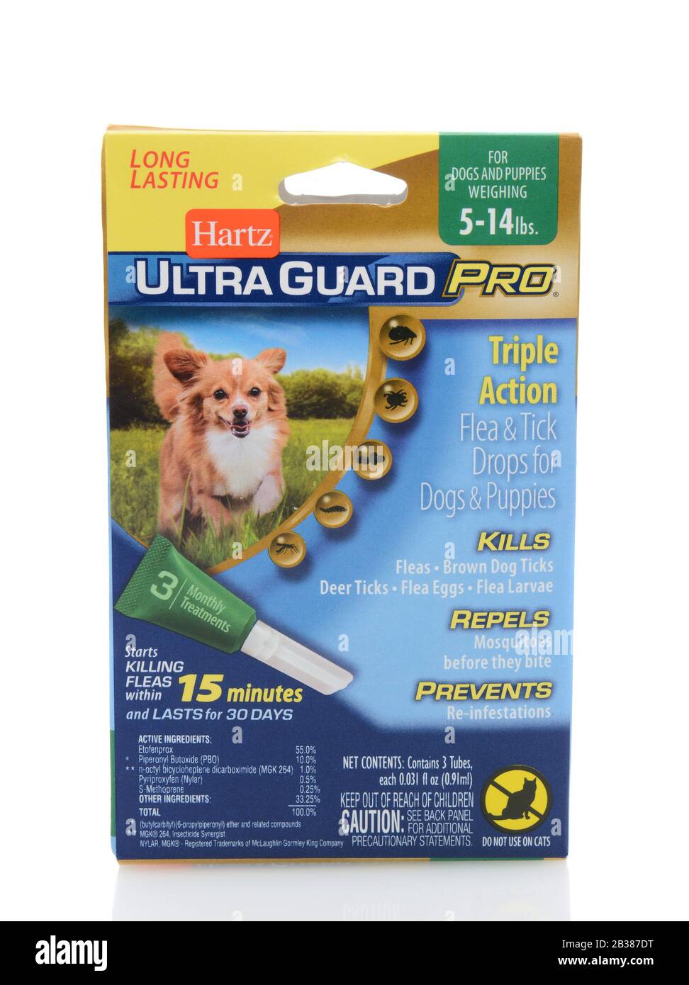 IRVINE, CA - SEPTEMBER 22, 2014: A box of Hartz UltraGuard Pro Flea and Tick Drops. Hartz Mountain Corporation (HMC) is a producer of pet care product Stock Photo