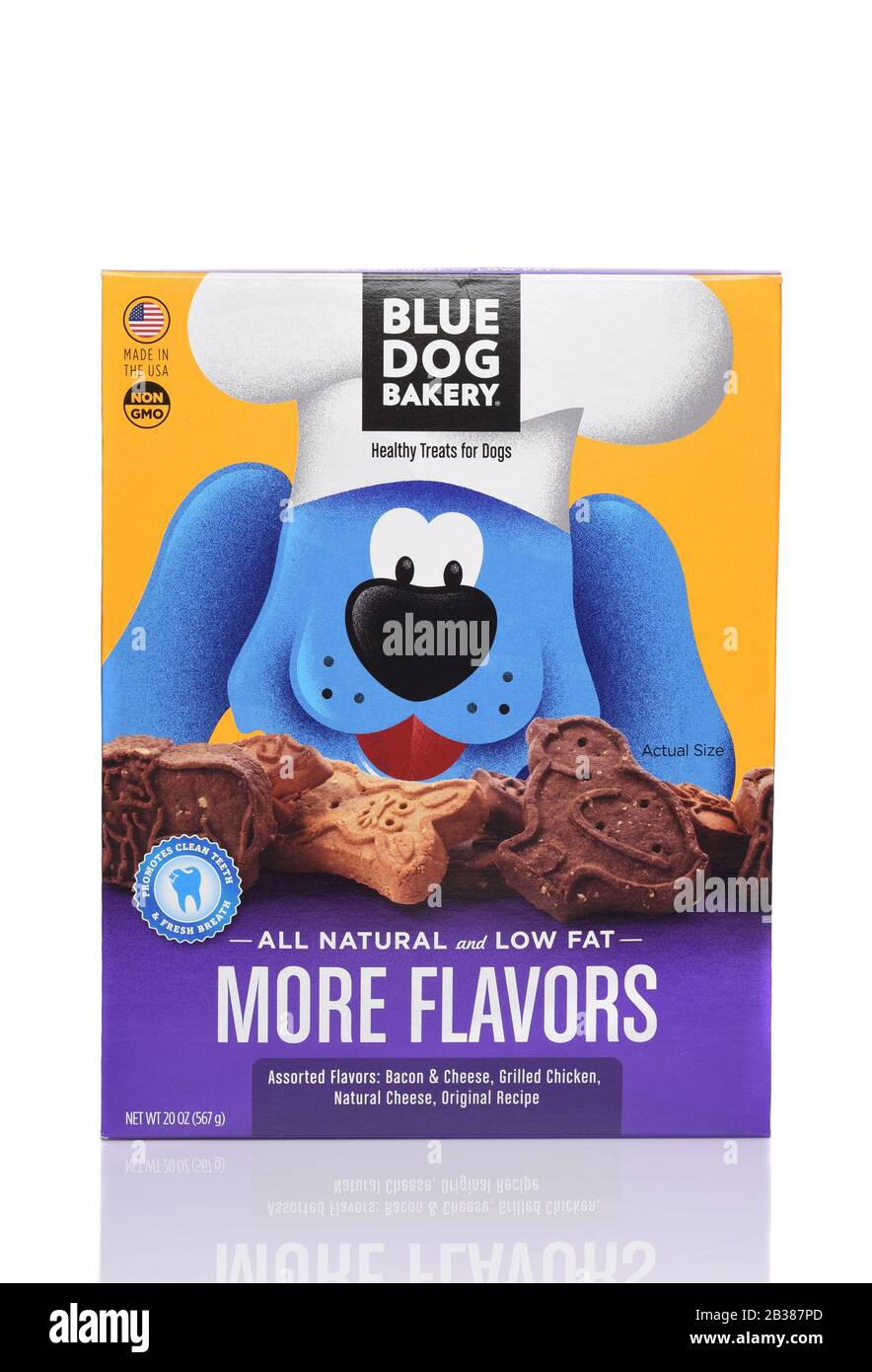 IRVINE, CALIFORNIA - 4 OCT 2019: A box of Blue Dog Bakery More Flavors healthy dog treats. Stock Photo